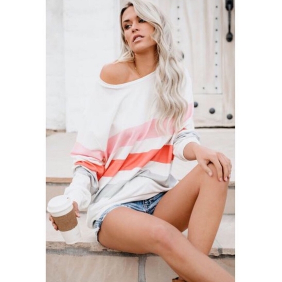 Long Sleeve Off Shoulder Stripe Top - Picture 2 of 8